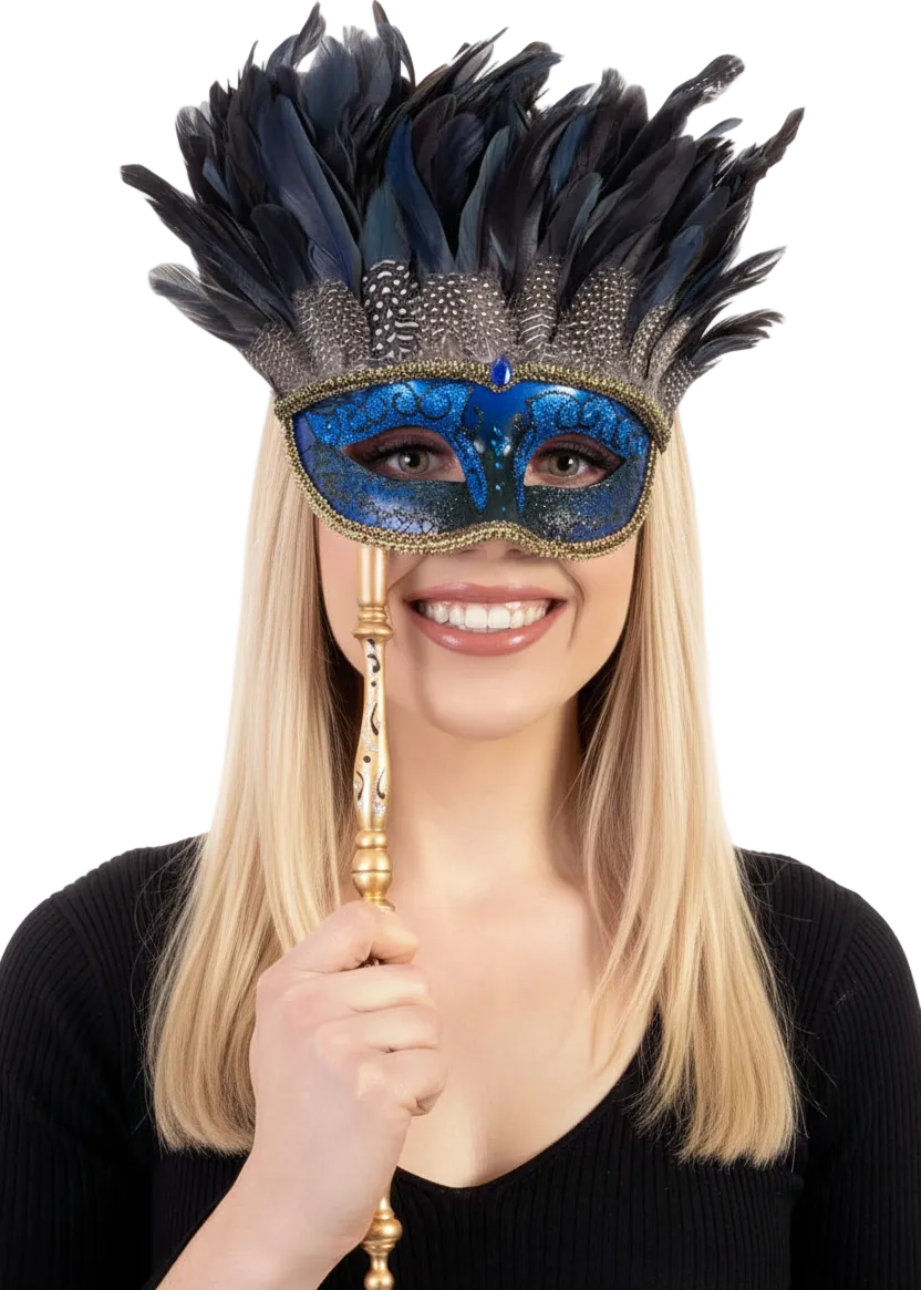 Hand Held Blue and Gold Half Face Masquerade Mask with Feathers - main image