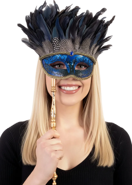Hand Held Blue and Gold Half Face Masquerade Mask with Feathers - main image