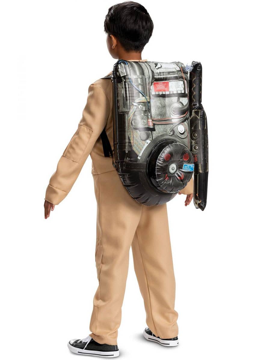 Image of Licensed 80s Ghostbuster Boy's Deluxe Jumpsuit Costume - Back View with Pack