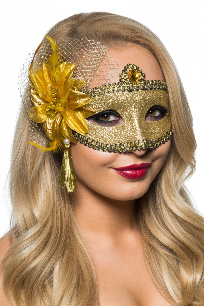 Womens Gold Glitter Mask with Flower Side Feather Costume Masquerade Mask - Main Image