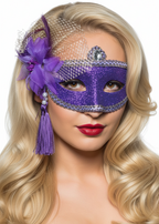 Womens Purple Glitter Mask with Flower Side Feather Costume Masquerade Mask - Main Image