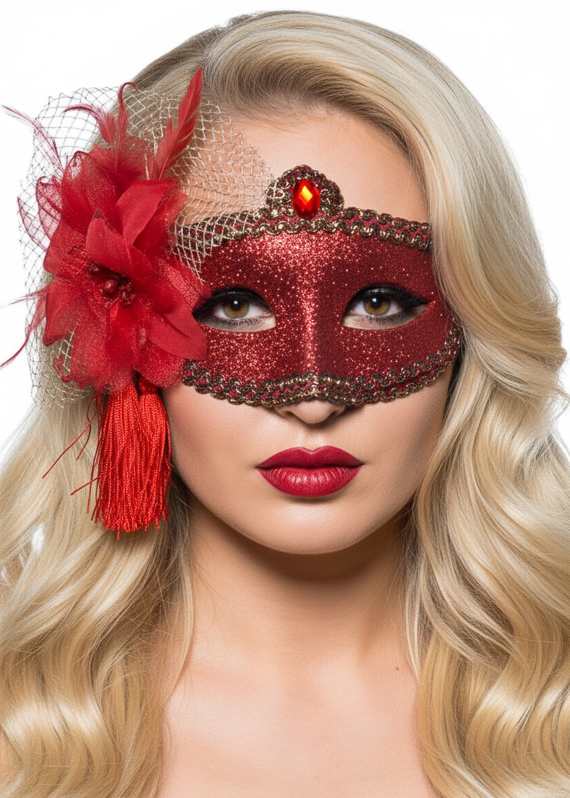 Womens Red Glitter Mask with Flower Side Feather Costume Masquerade Mask - Main Image