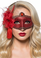 Womens Red Glitter Mask with Flower Side Feather Costume Masquerade Mask - Main Image