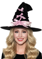 Plush Black Velvet Crooked Witch Hat with Pink Satin Bows - Main Image