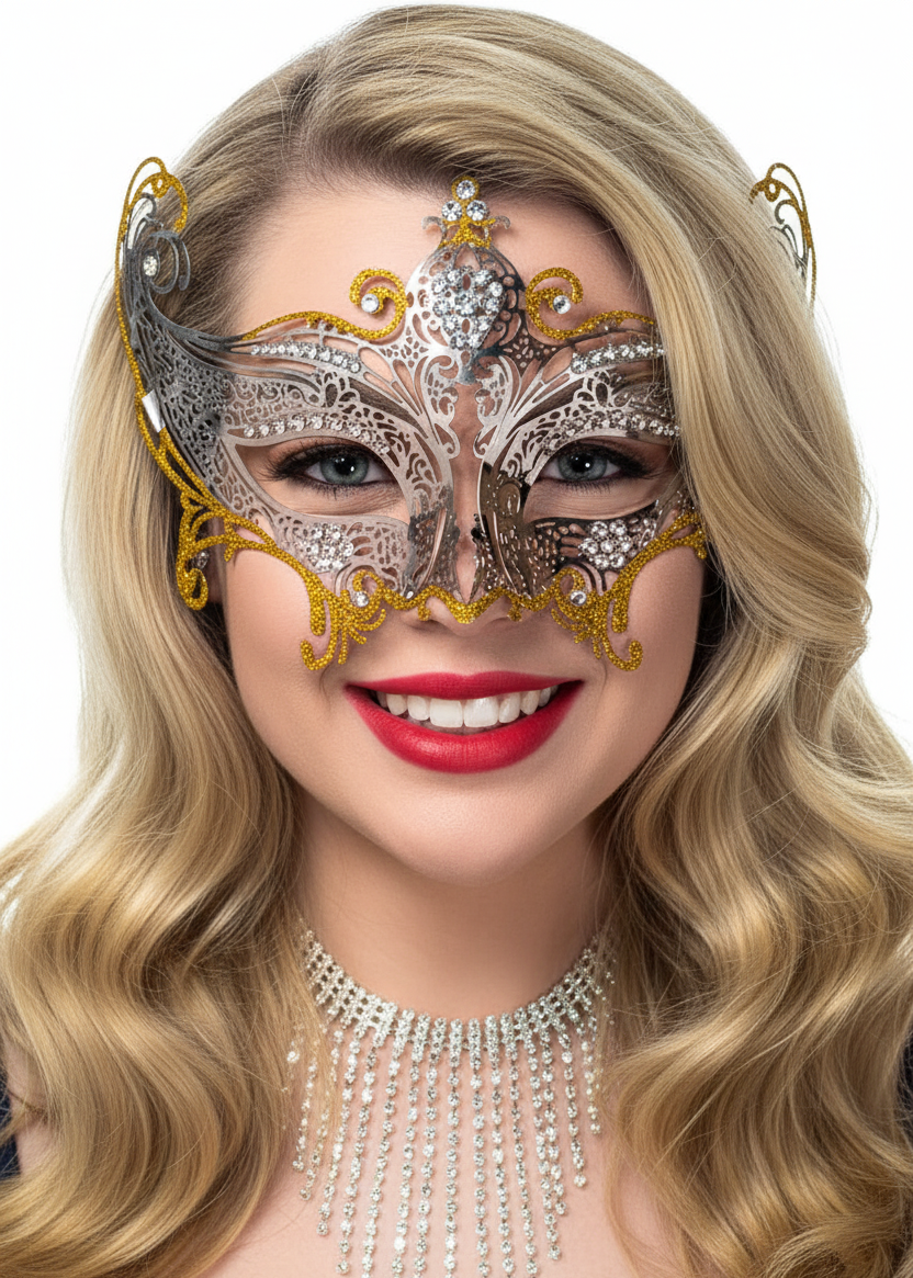 Deluxe Light Weight Laser Cut Metal Masquerade Mask in Silver and Gold -main image