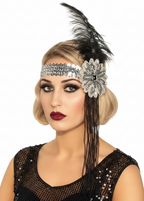Beaded Black and Silver Feather Flapper Headband - Main Image