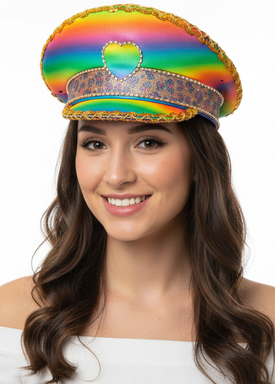 Image of Deluxe Glittery Rainbow Heart Mardi Gras Festival Hat - main image