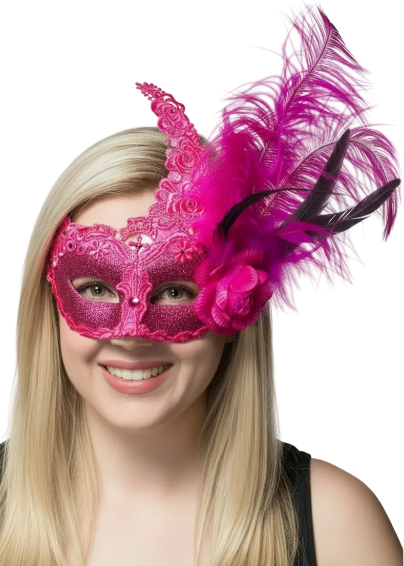 Womens Hot Pink Lace Masquerade Mask With Side Feathers - Main Image