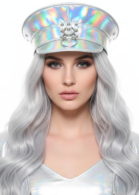 Image of Deluxe Peaked Iridescent Silver Vinyl Cap Festival Hat - main image
