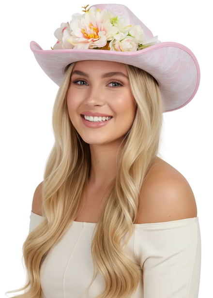 Light Pink Lace Overlay Cowgirl Hat with Flowers - Main Image