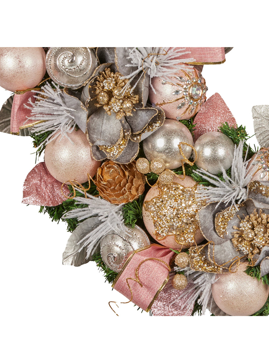 Deluxe Lush 71cm Christmas Wreath with Pink Baubles and Decorations - Close Image