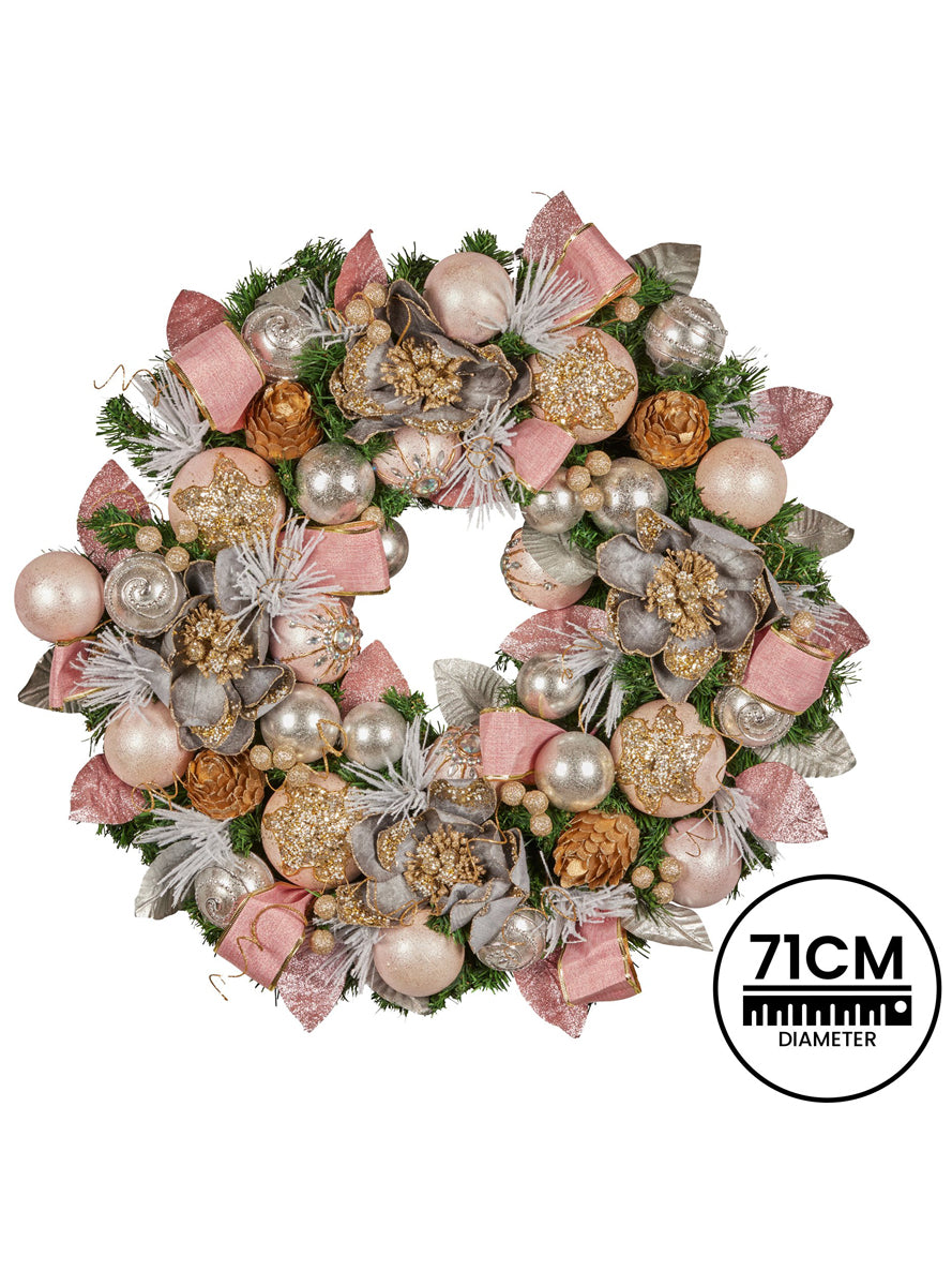 Deluxe Lush 71cm Christmas Wreath with Pink Baubles and Decorations - Dimensions Image