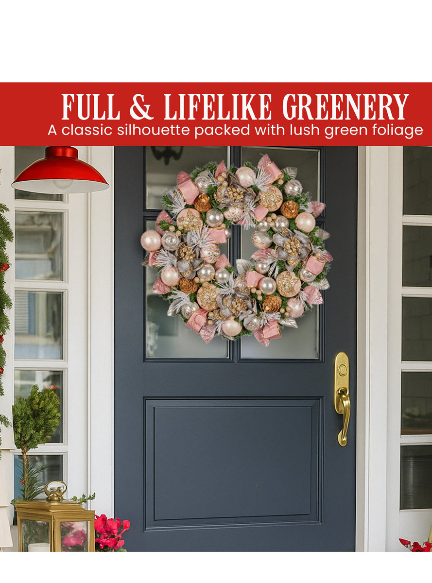 Deluxe Lush 71cm Christmas Wreath with Pink Baubles and Decorations - Info Image 2