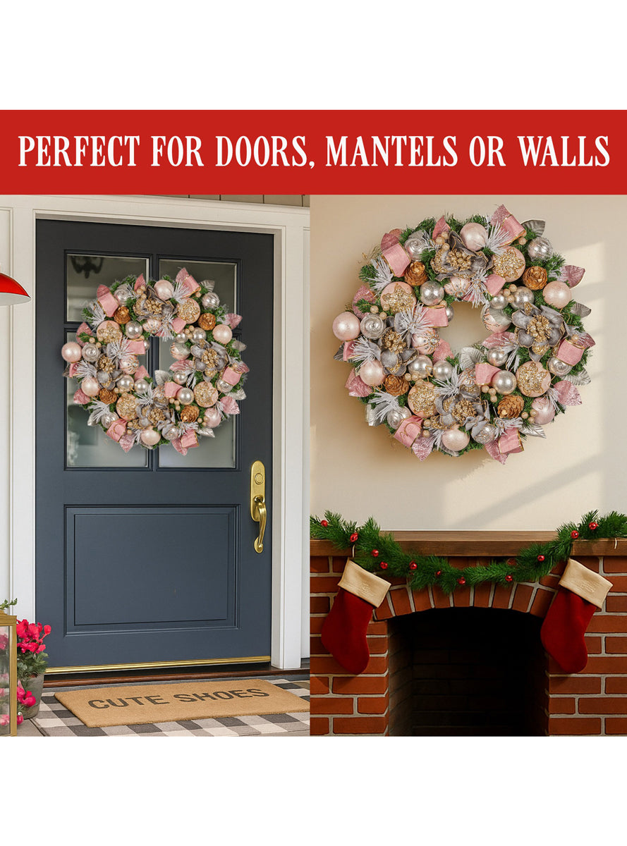 Deluxe Lush 71cm Christmas Wreath with Pink Baubles and Decorations - Info Image 4