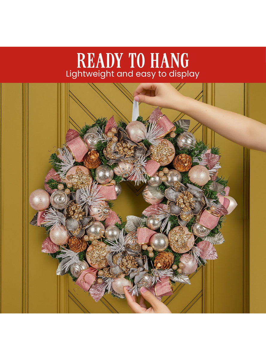 Deluxe Lush 71cm Christmas Wreath with Pink Baubles and Decorations - Info Image 5