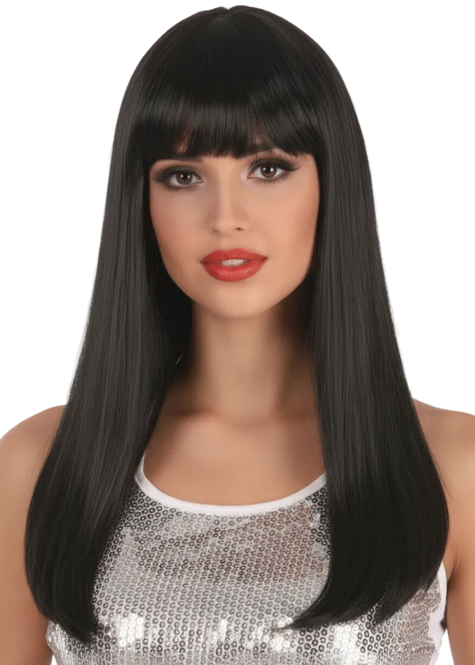 Womens Long Black Costume Wig With Fringe - Main Image