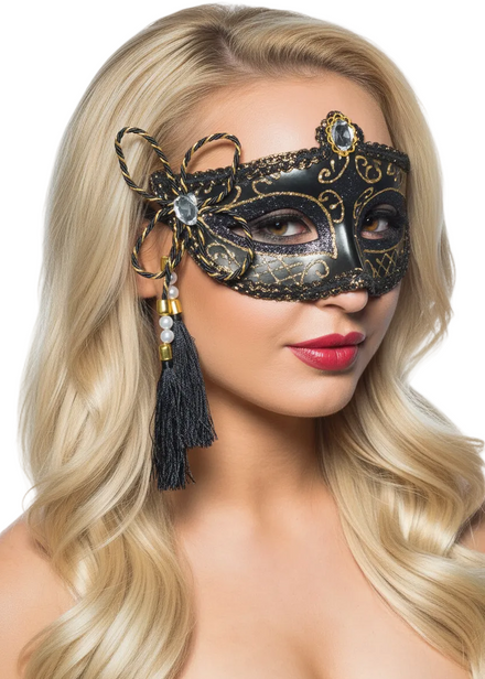 Tassel Venetian Masquerade Mask Black and Gold Genuine Elevate Costumes - Main Image