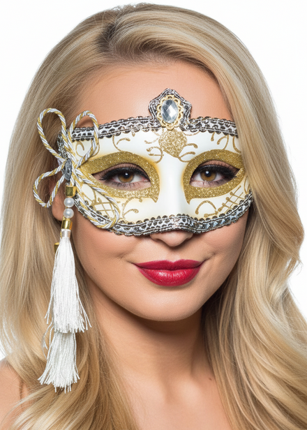Womens Tassel Venetian Masquerade Mask In White and Gold - Main Image