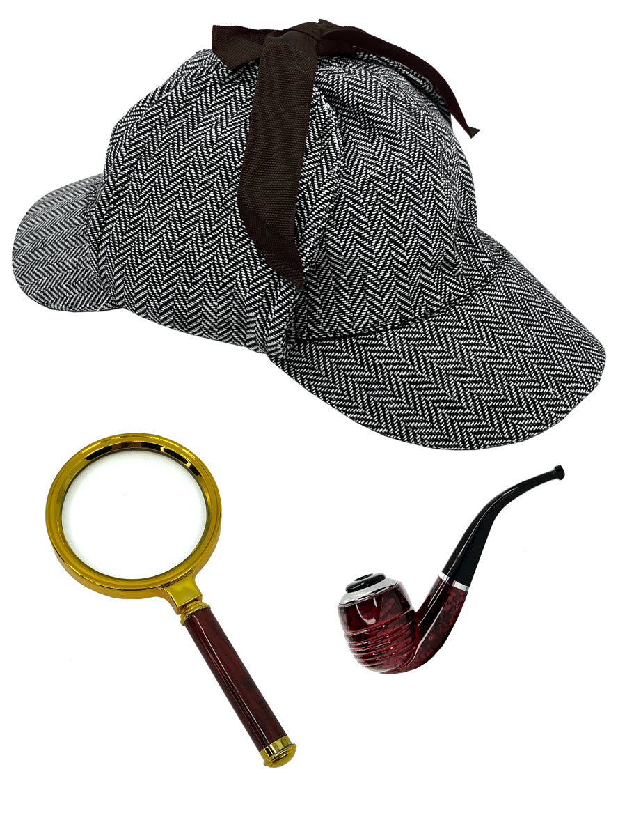 Black And White Kids Detective Hat, Pipe And Magnifying Glass Costume Accessory Set - Main Image