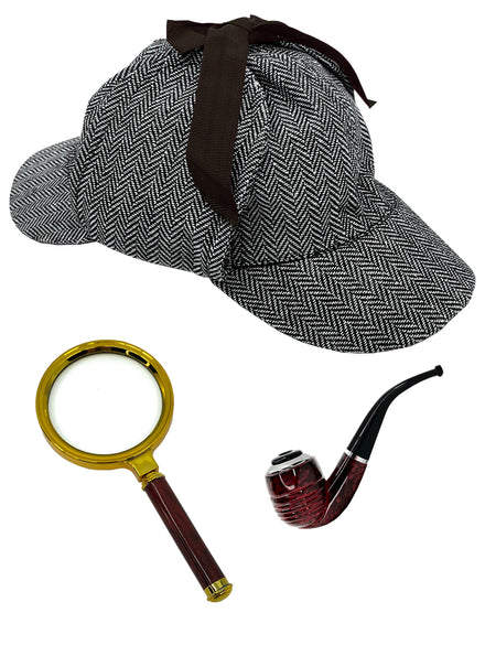 Black And White Kids Detective Hat, Pipe And Magnifying Glass Costume Accessory Set - Main Image