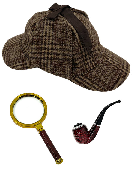 Kids Brown Detective Hat, Pipe And Magnifying Glass Costume Accessory Set - Main Image