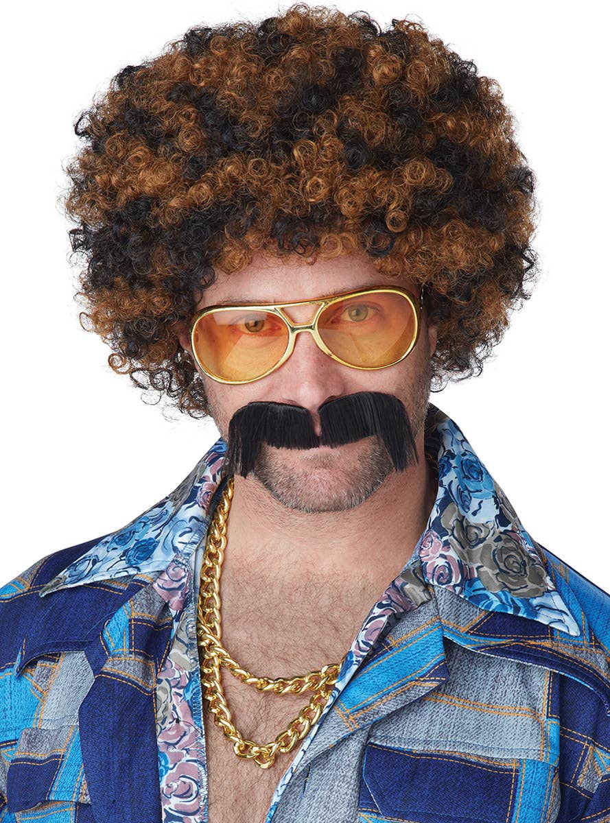 Image of Disco Dirtbag Men's Black and Ginger Afro Wig and Moustache Set