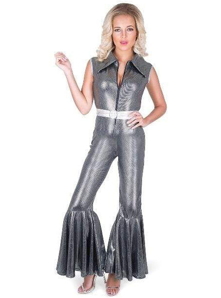 1970s Womens Disco Diva Black Metallic Jumpsuit - Main Image 