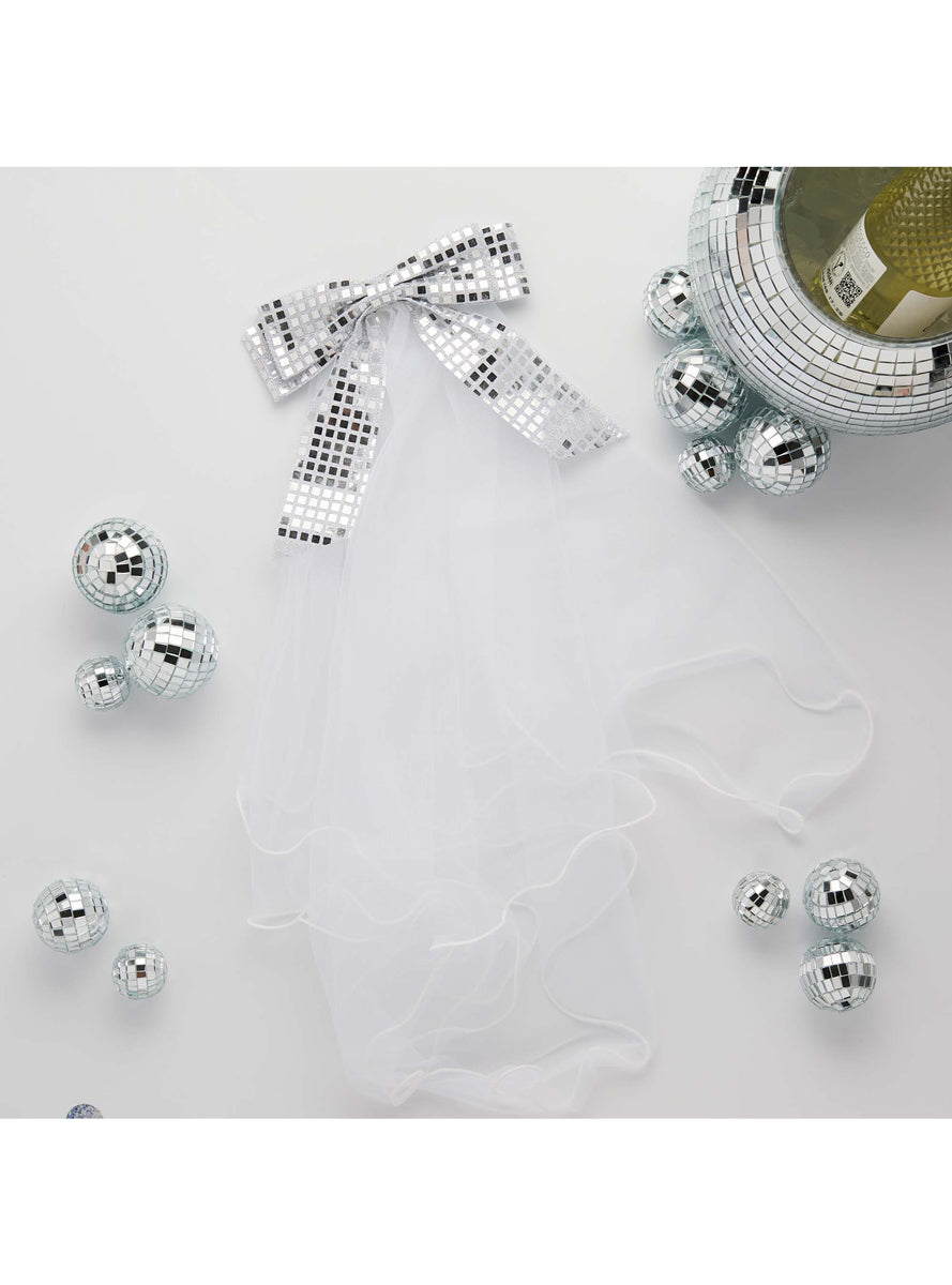 Disco Hen Night Veil with Silver Bow - Main Image
