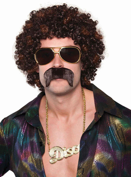 Disco Mens Brown Curly Wig and Moustache Set - Main Image