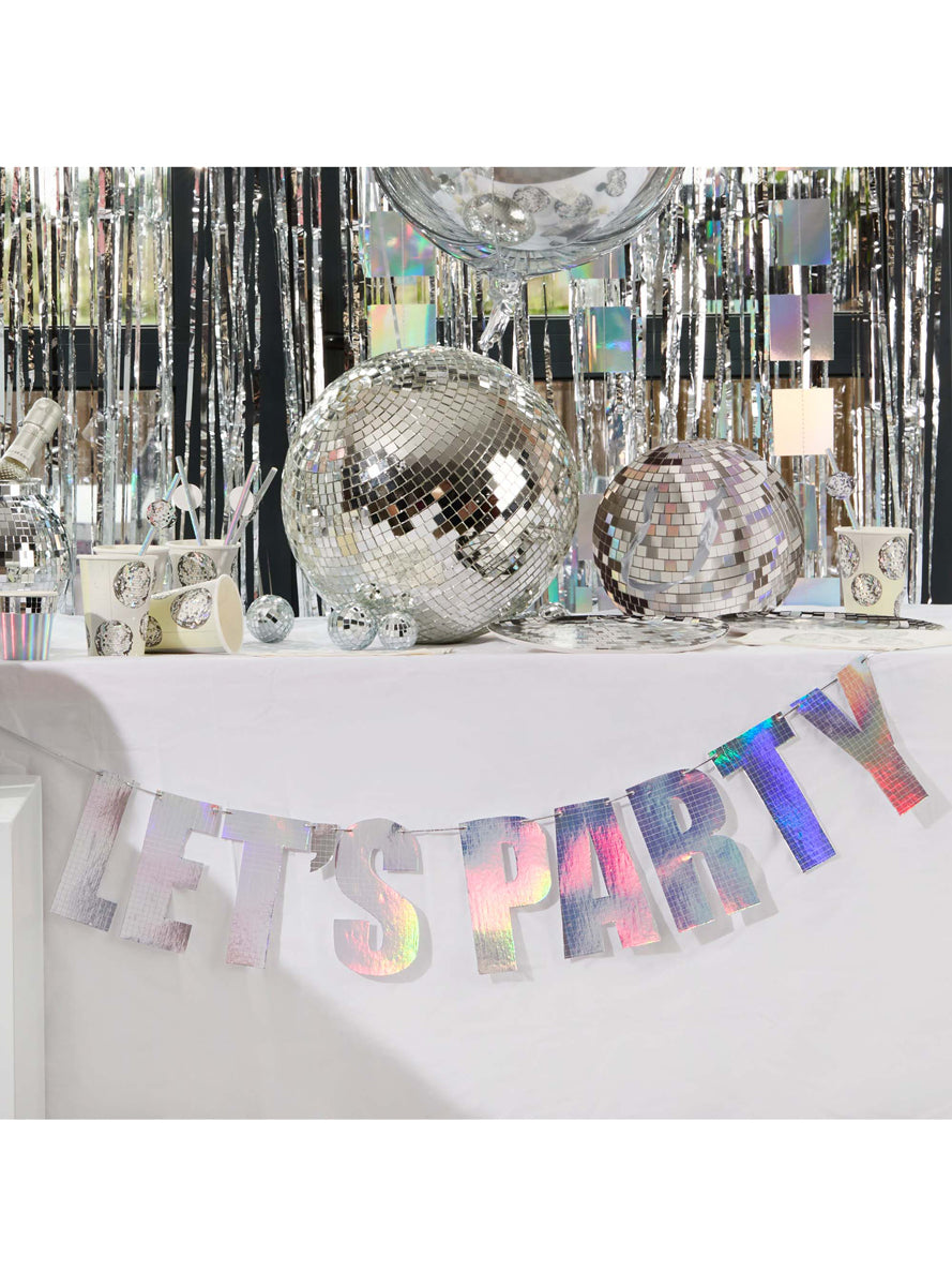 Disco Party Silver Iridescent 2m Long Lets Party Banner - Lifestyle Image 1