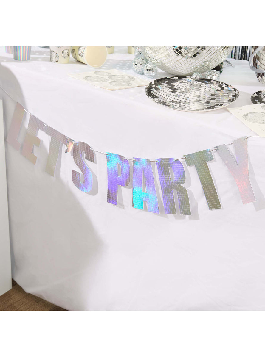 Disco Party Silver Iridescent 2m Long Lets Party Banner - Lifestyle Image 2