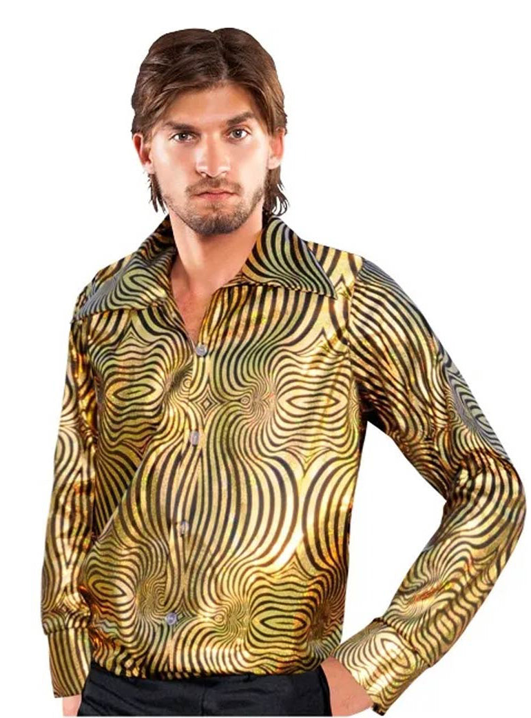 Discoballer Plus Size Mens Gold 70s Costume Shirt - Main Image
