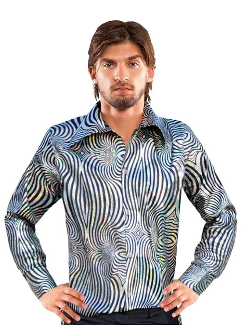Discoballer Plus Size Mens Silver 70s Costume Shirt - Main Image