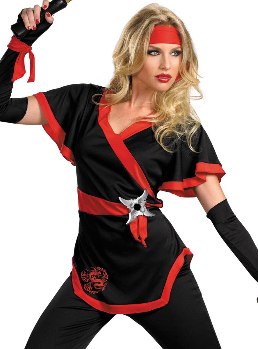 Black and Red Dragon Ninja Costume for Plus Size Women - Close Up Image