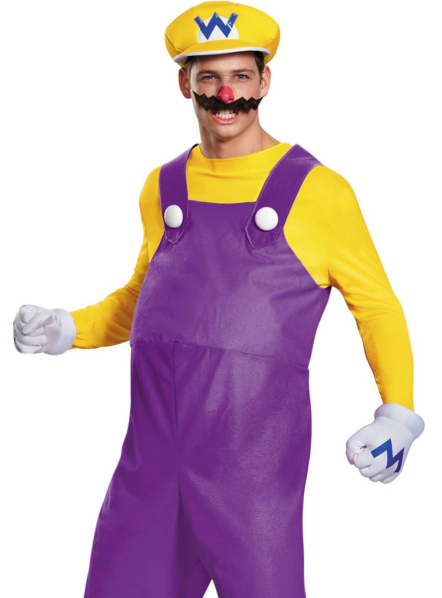 Super Mario Men's Deluxe Plus Size Wario Costume - Close Up Image