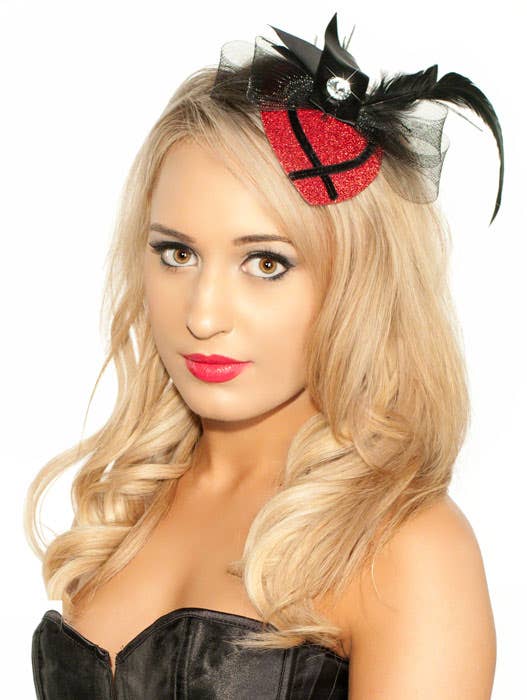 Red and Black Glitter Burlesque Fascinator Headpiece - Main View