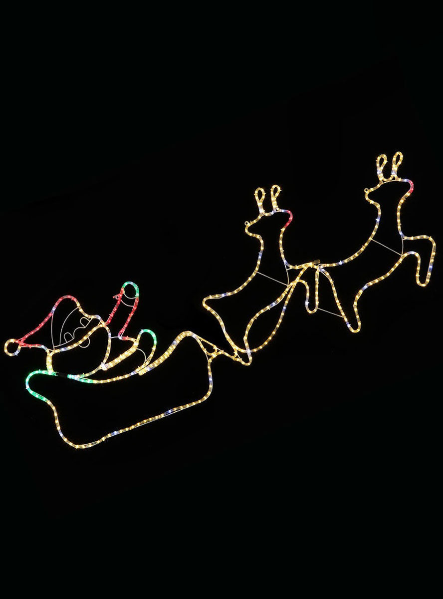 Double Reindeer and Santa in Sleigh Twinkling Rope Light Christmas Decoration - Main Image