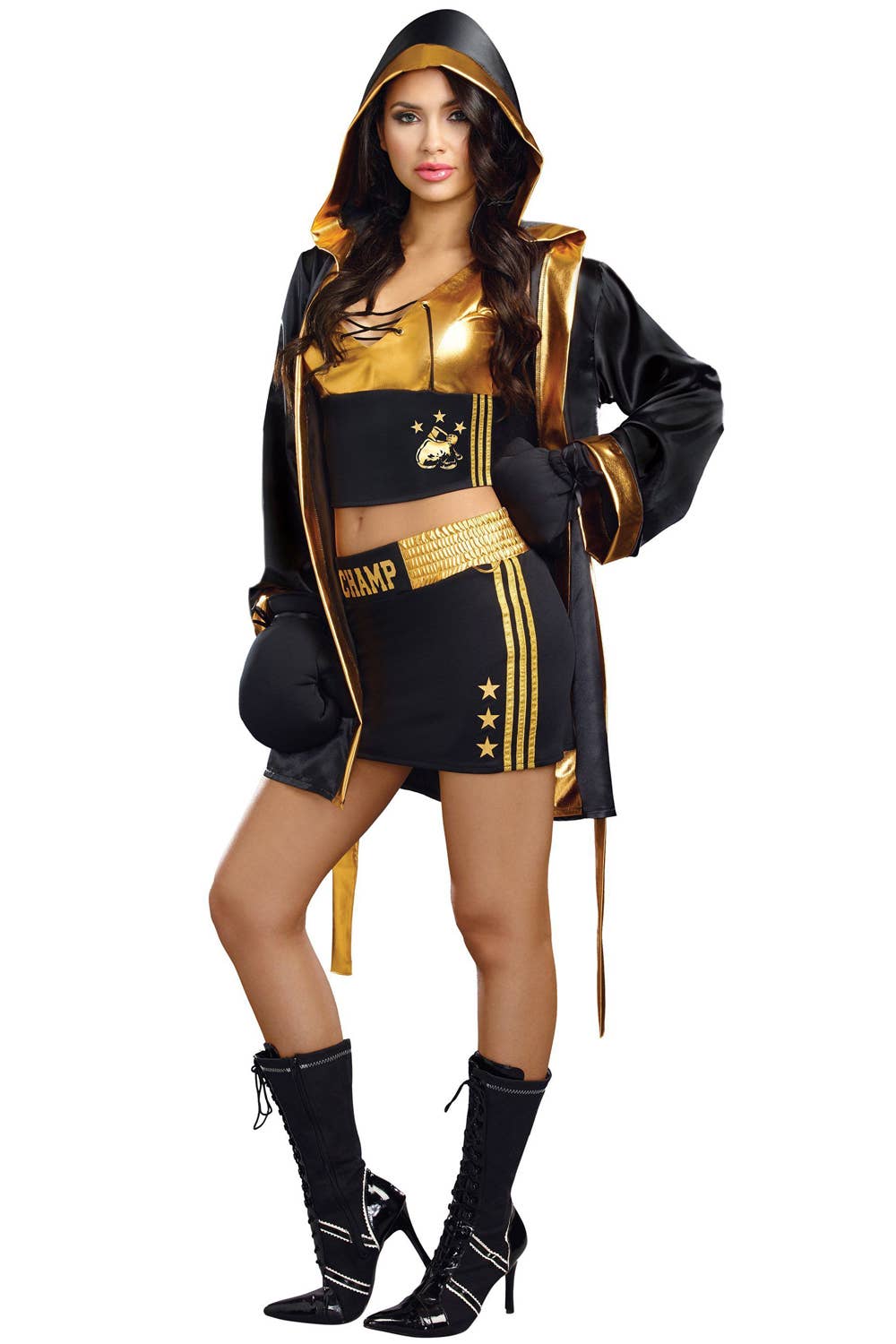 Women's Sexy Black and Gold Boxer Costume - Main Image