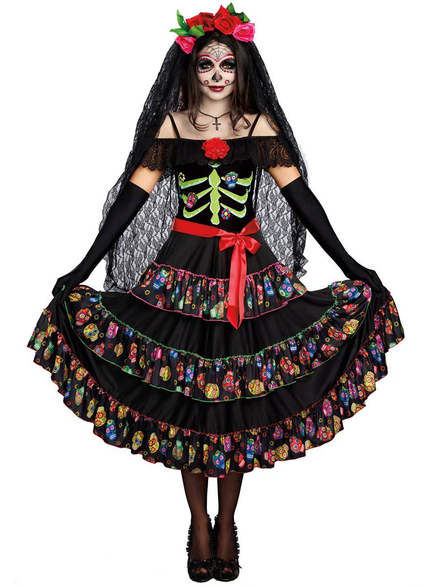 Women's Deluxe Day of the Dead Dress Up Costume Front Image