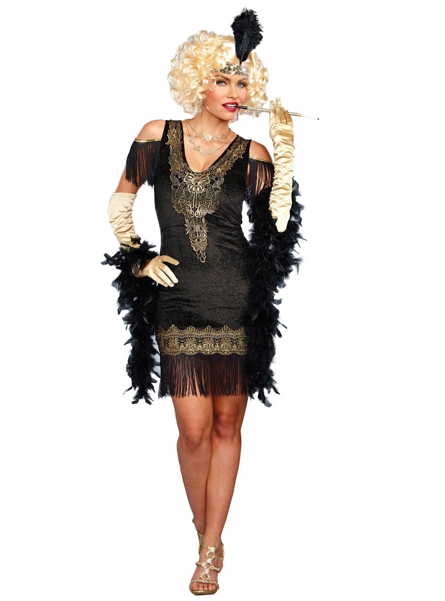 Deluxe Women's Swanky Black and Gold 1920's Flapper Costume - Main Image