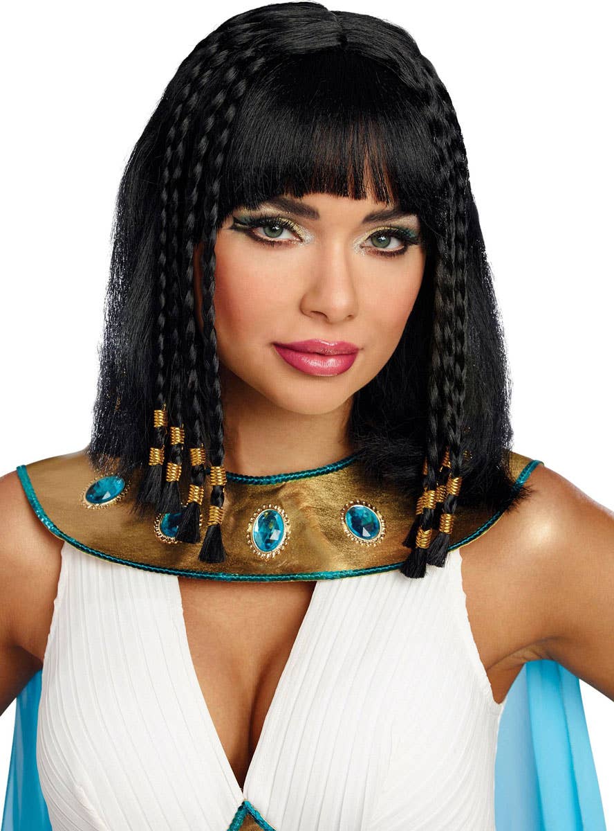 Cleopatra Style Black Blunt Cut Bob Costume Wig with Braids