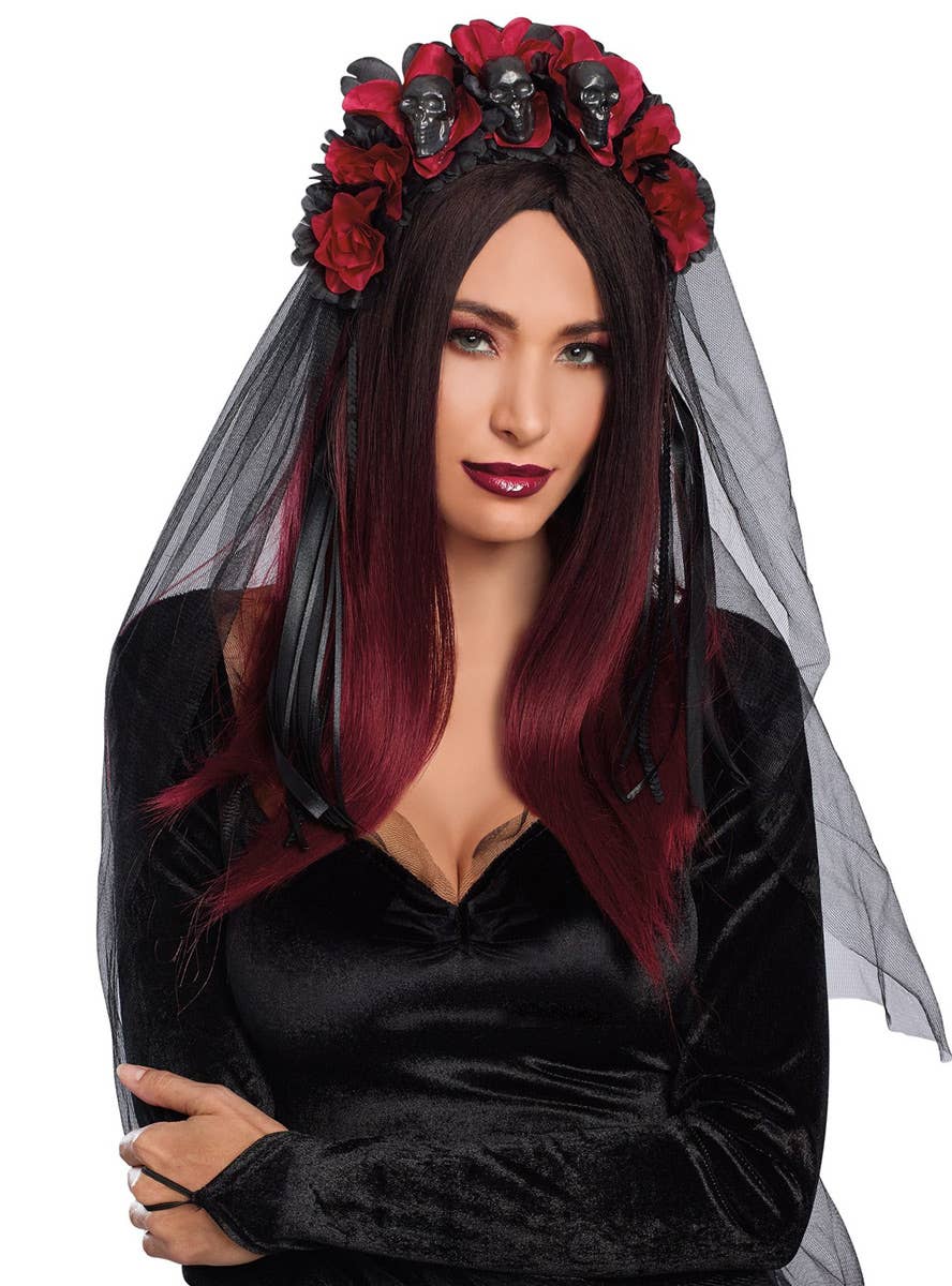 Black Veil Costume Headband with Red and Black Roses