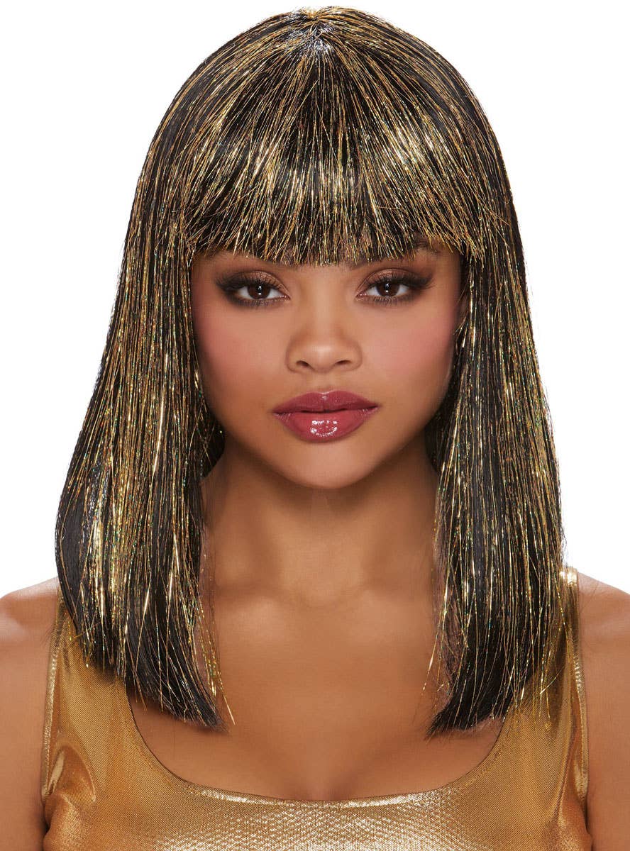 Gold Tinsel Women's Black Blunt Cut Bob Costume Wig - Front Image