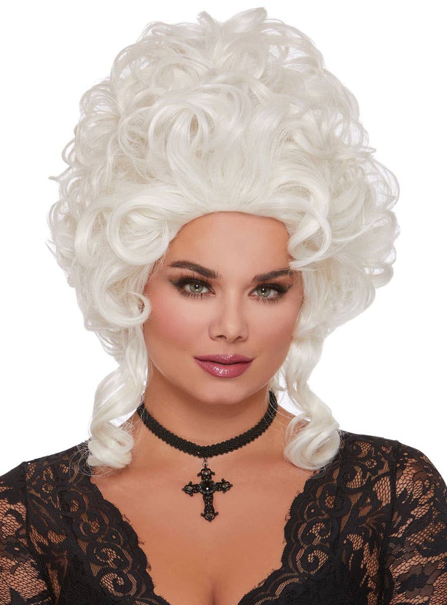 Women's Curly Platinum Blonde Victorian Up Do Costume Wig - Front Image