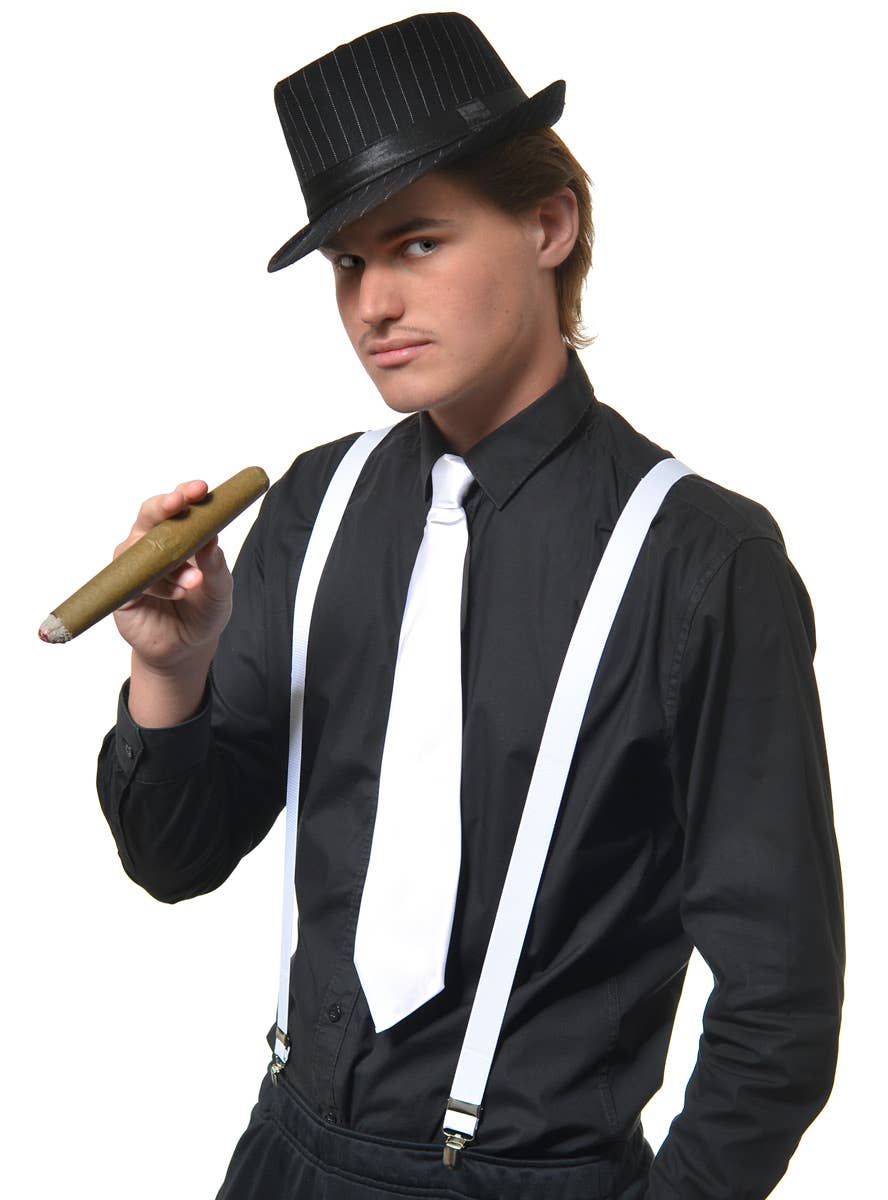 Men's Black and White Stripe Wool Look Gangster Trilby - Large Image