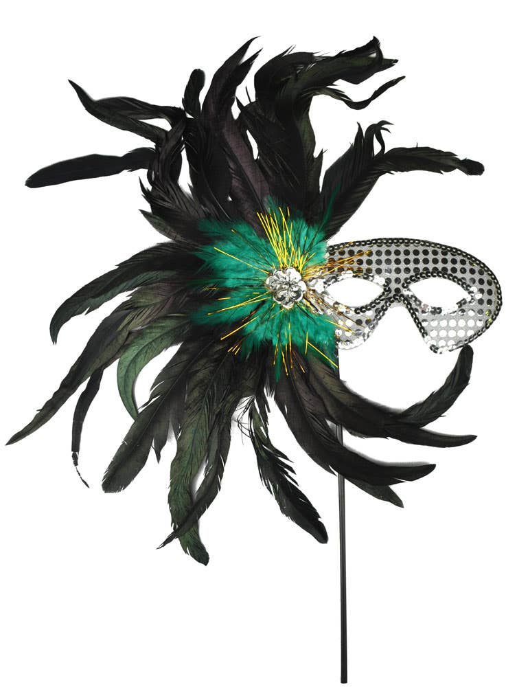 Black And Silver Hand Held Feather Masquerade Mask