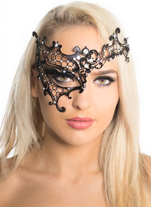 Black Filigree Metal Over the Eye Masquerade Mask - Main Image