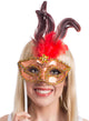 Rose Gold Mask with Red Feathers on Stick - Main Image