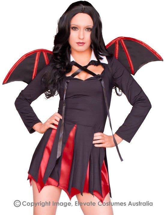 Sexy Women's Red and Black Devil Bat Halloween Costume Close Image