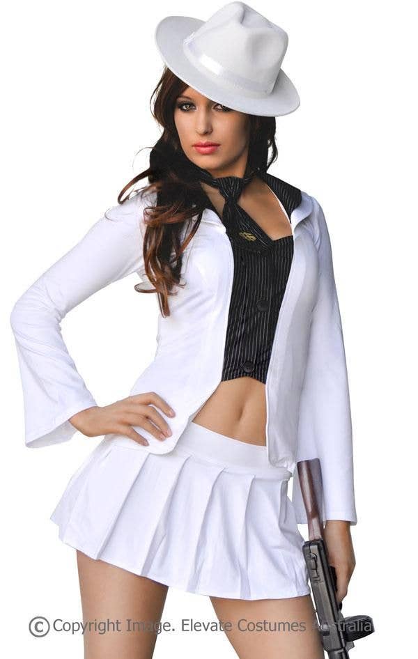 Women's White Sexy Gangster Costume Close Up View